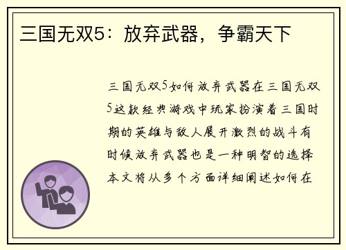 三国无双5：放弃武器，争霸天下